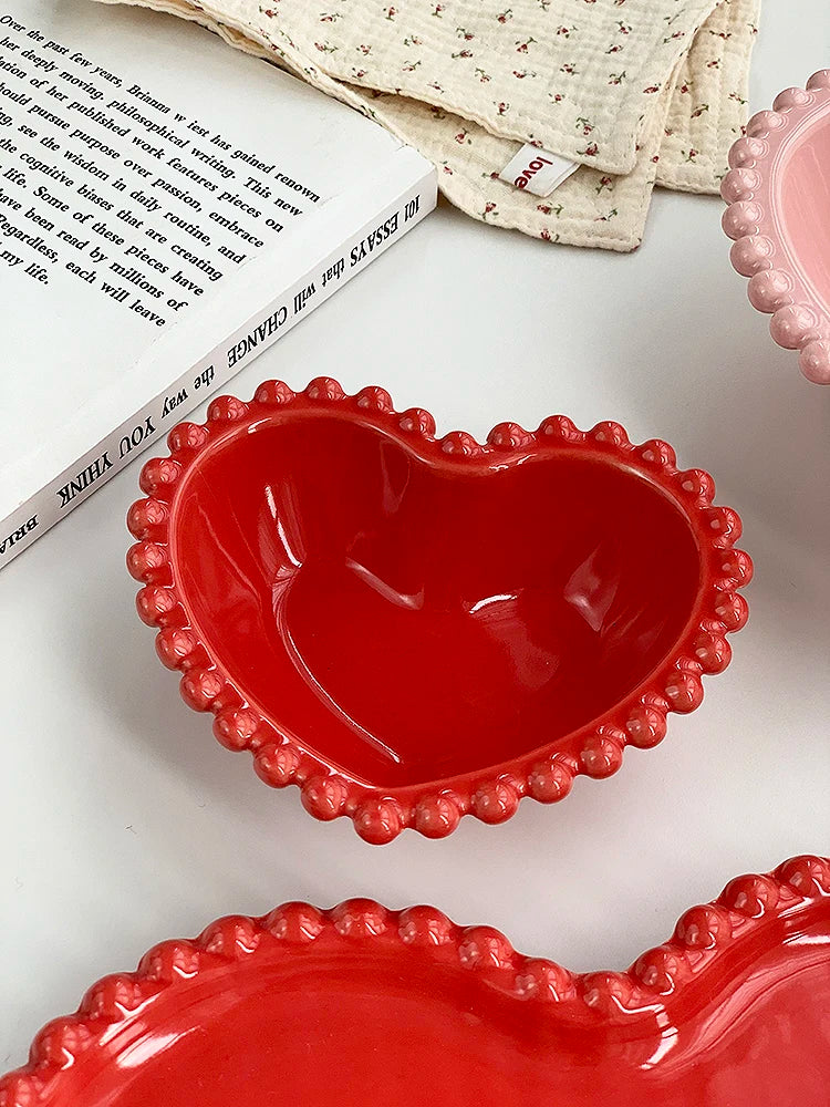 Porcelain Red Pink Bead Dots Ceramic Heart Dinner Plate Tableware