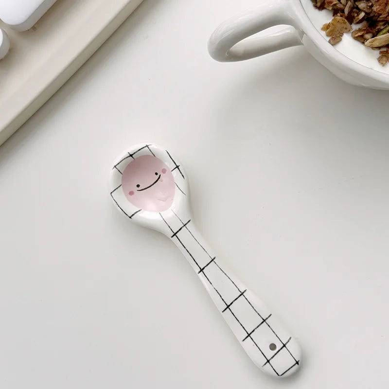 Cute Smiling Spoons Ceramic Ice Cream Spooon Irregular Hand Painted Dessert Breakfast Spoon Home Kitchen Tableware Accessories