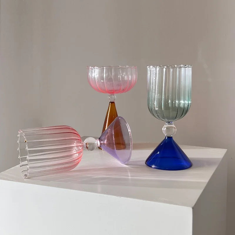 Clear Two Tone Green Blue Amber Purple Colored Ripple Style Martini Mojito Champagne Margarita Cocktail Glasses Goblet Cup
