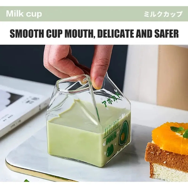 Square Glass Cup Heat Resistant Cute Cartoon Cup Kawaii Milk Juice Mug Bottle Box 380ml