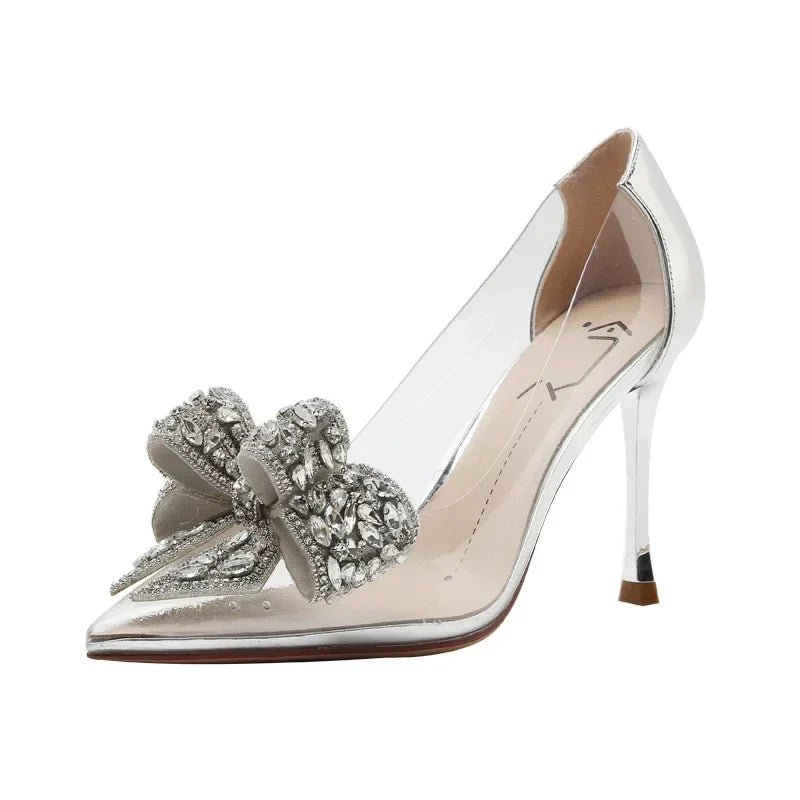 New Transparent High Heels Pointed Diamond Decorated Bow Fashion Sexy Banquet Stiletto Women's Shoes