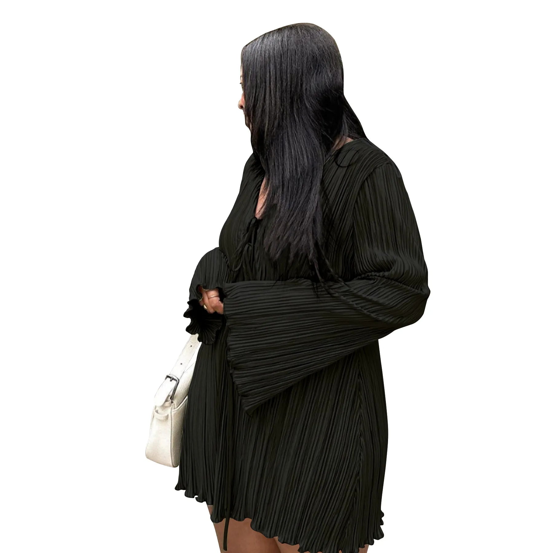 Long Sleeve Women V-neck Pleated Dress Casual Streetwear Plus Size Mini Dresses Party Casual
