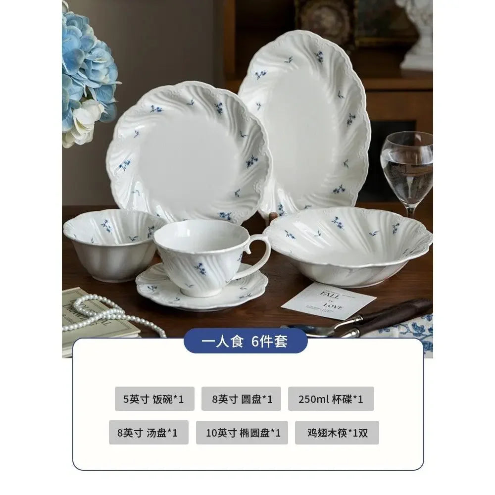 Ceramic Floral Bowl Dish Set Oval Plate New French Medieval High-end Cup Dish Set