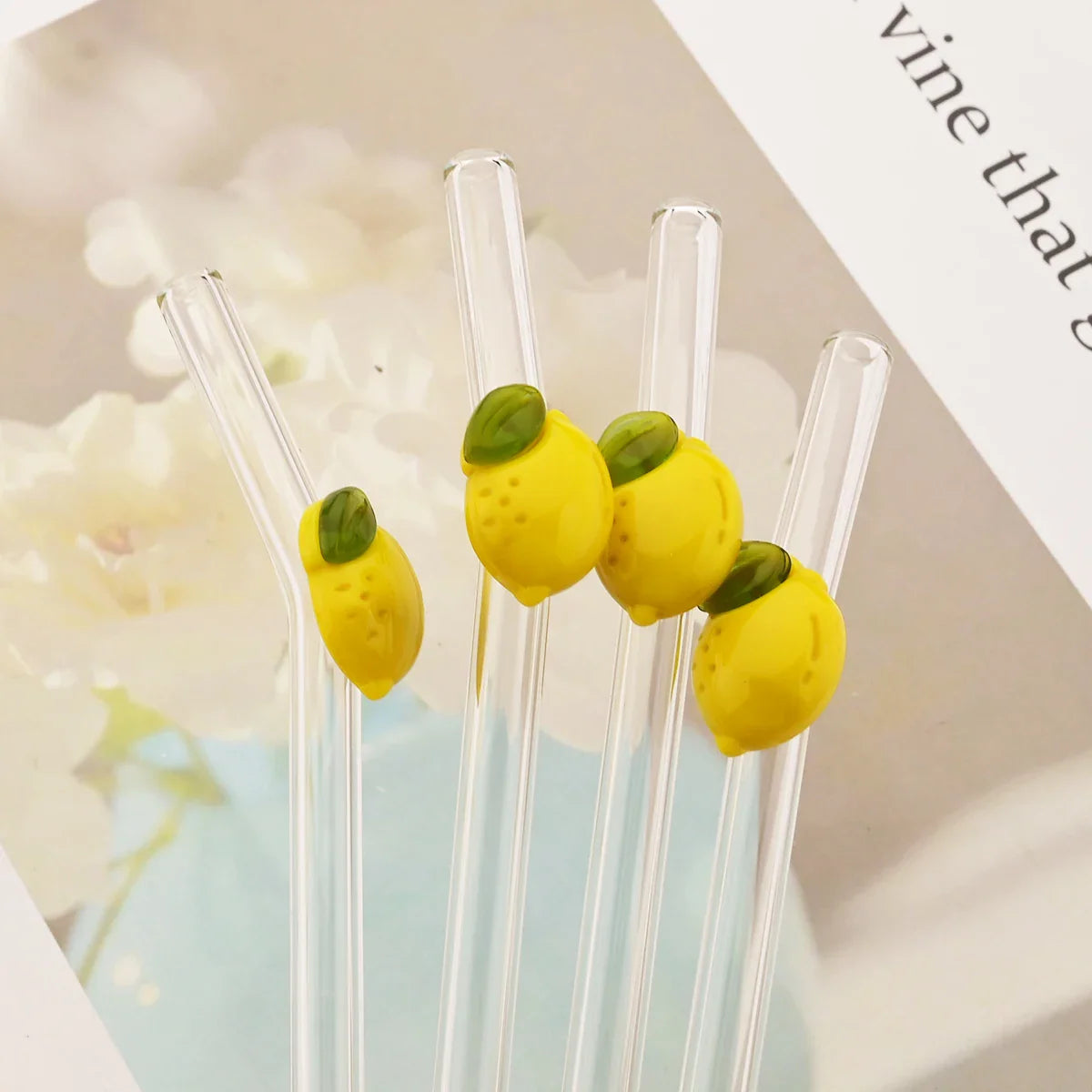 Lemon Glass Bent Straw Set with Brush 2/4/6/8pcs Drinkware