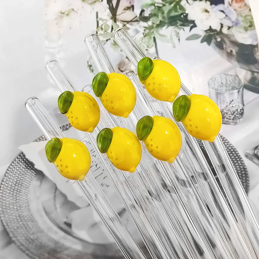 Lemon Glass Bent Straw Set with Brush 2/4/6/8pcs Drinkware