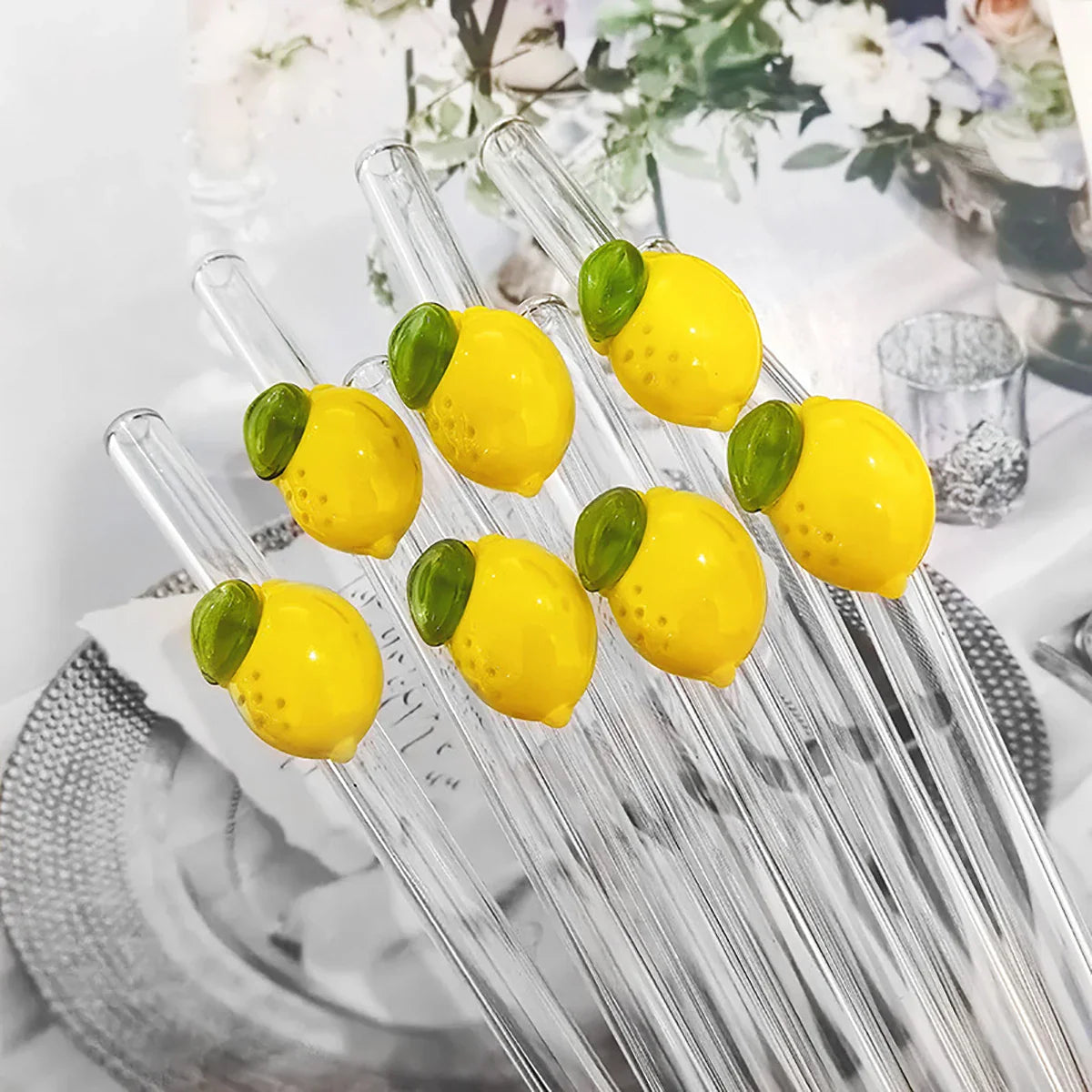 Lemon Glass Bent Straw Set with Brush 2/4/6/8pcs Drinkware
