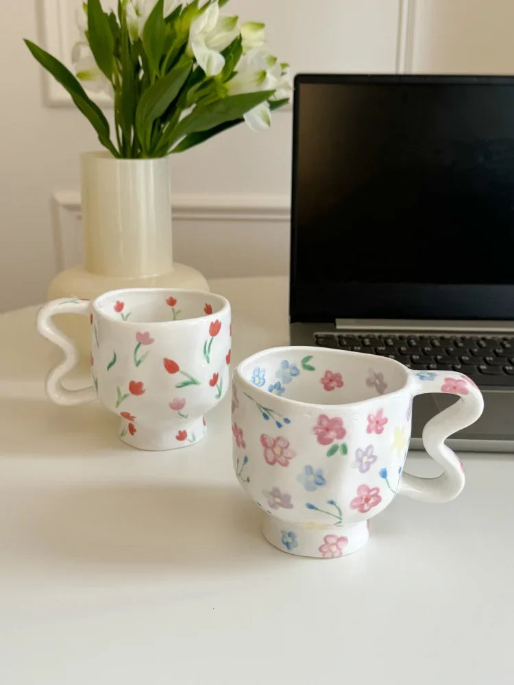 Ceramics Mug Cute Flower Pattern High Footed