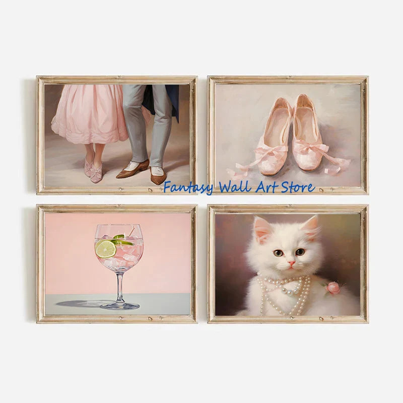 Pink Flower Cocktail Art Decor Canvas Printing Poster Pink Vintage Painting Aesthetic Wall Decor