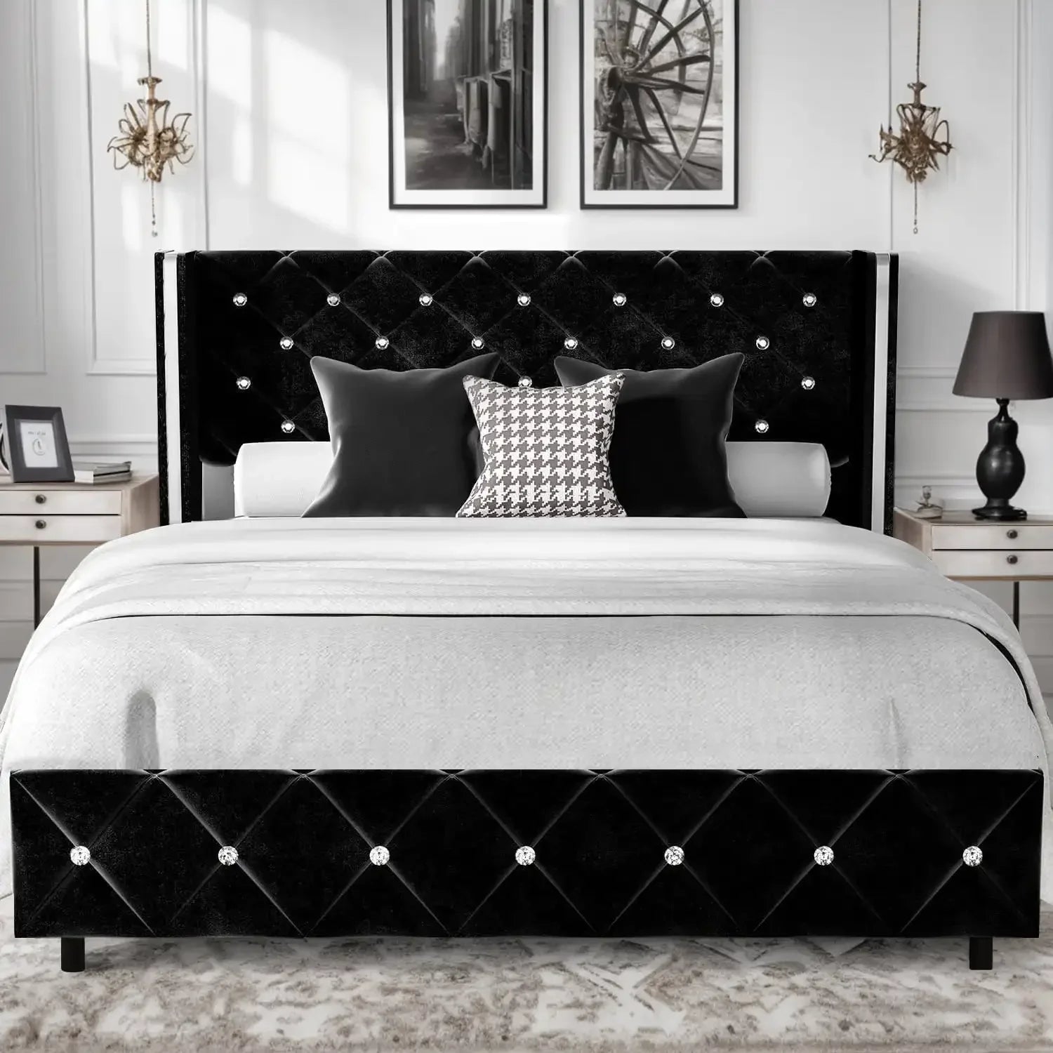 Shiny Bed Frame with Diamond Headboard, Upholstered Platform Bed Frame Faux Leather, Easy Assembly