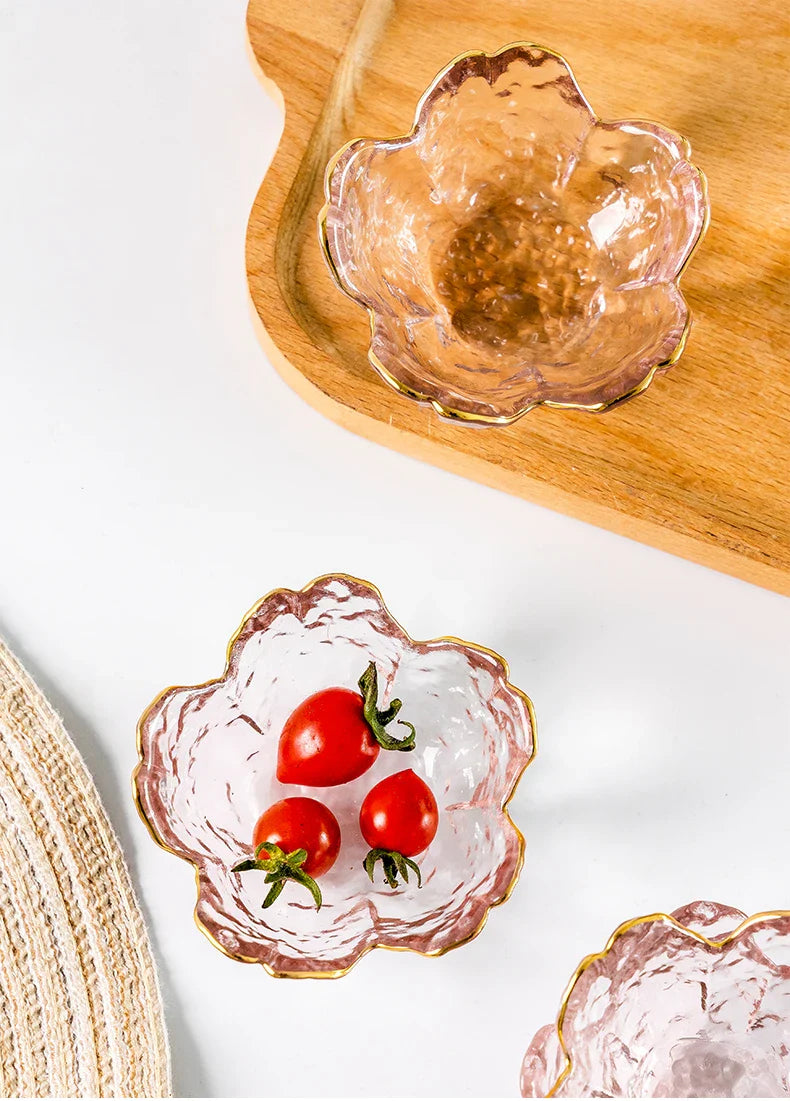 Cherry Blossom Sauce Dishes Small Glass Dish Sauce Bowl Nodic Gold Inlay Ice Cream Small Dinner Plates Kitchen Supplies 3pcs