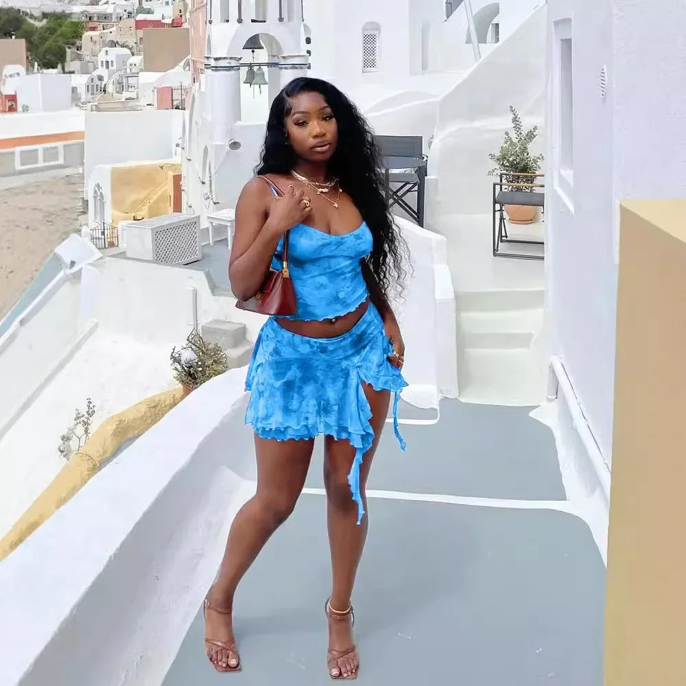 Women's Fashionable Mesh Printing Sexy Side Slit Mini Two Piece