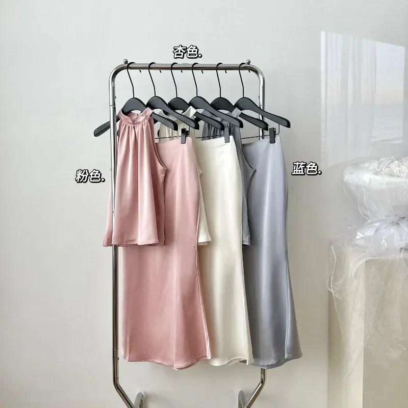 Sweet Hot Girl Casual Suit Women's Summer Satin Sleeveless Top High Waist Long Skirt Two-piece Set Fashion Female Clothes