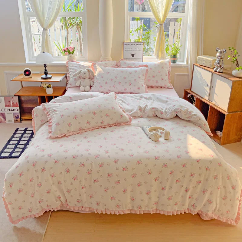 Princess Style Flowers Ruffles Soft Skin-friendly Duvet Cover Set Pillowcases Bedding Set