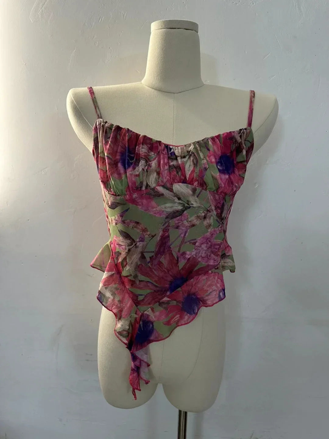 Girls Sweet Ruffles Mesh Camisole Top Lady Camis Sleeveless Printed Floral T shirts Stretch Slim Tanks For Slim Women