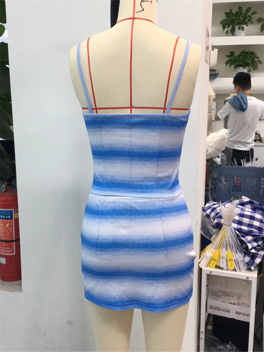Women's 2 Pieces Summer Skirt Sets Gradient Striped Square Neck Sleeveless Crop Cami Tops Low Waist Mini Skirt