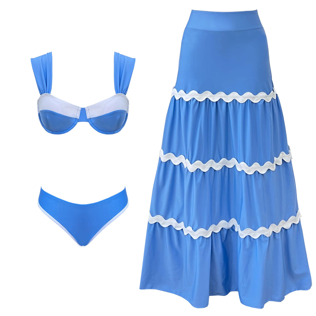 Women 3 Pcs Bikini Set Swimwear Swimsuit A Line Patchwork Skirt Beach Skirt Swimwear Summer Beach Holiday Bathing Suit