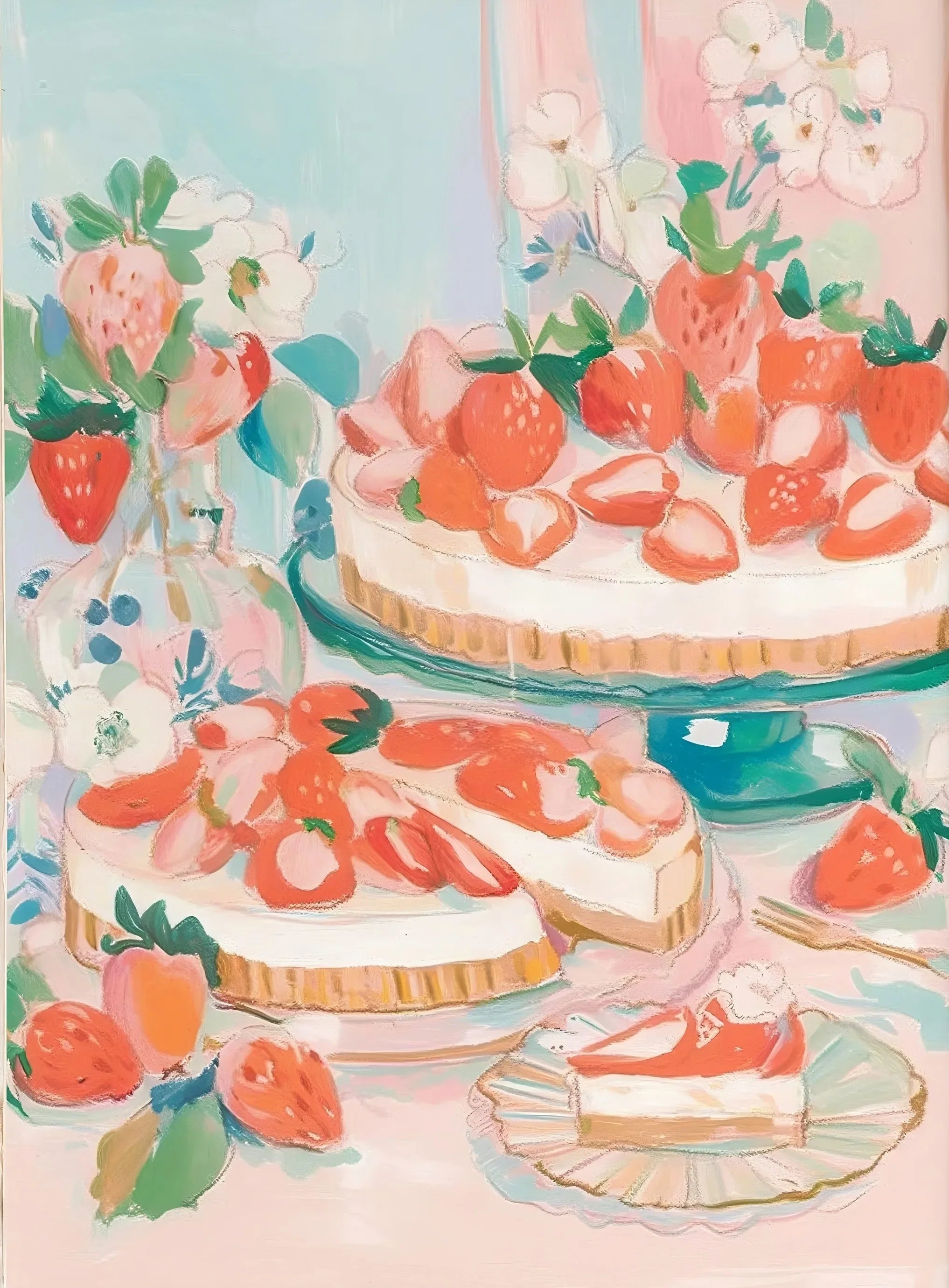 Retro Pink Cake Shop Dessert Gourmet Strawberry Cake Tea Poster Canvas Painting Prints Art Pictures Wall Decor