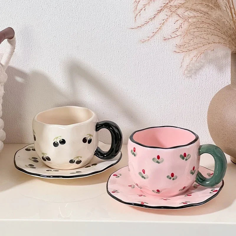 Ceramic Coffe Mug Hand Pinched Irregular Hand-painted Love Heart Cherry Pattern Cup with Saucer