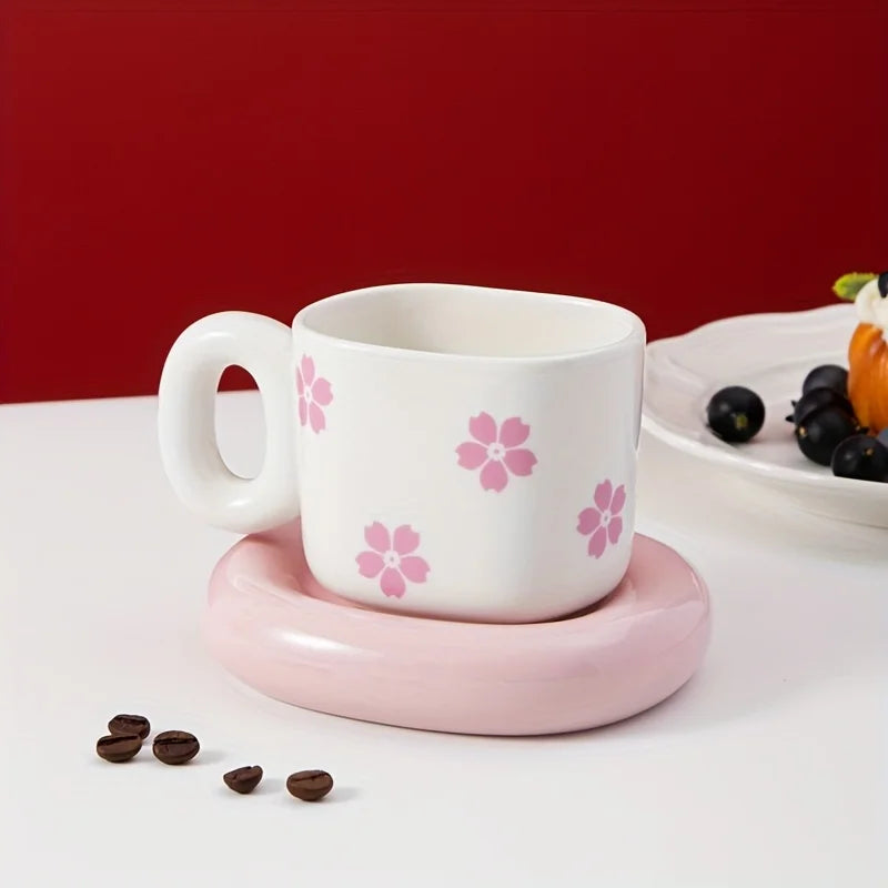Cute Sakura Decal Plump Handle Cup with Plate Square