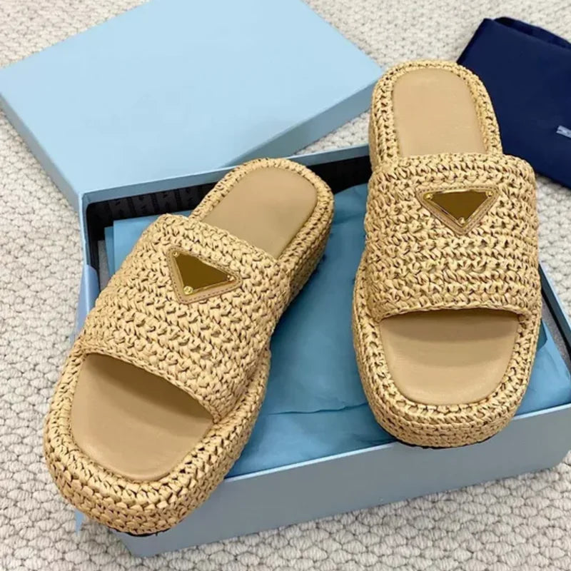 Handmade Knitted Thick Bottom Slippers Women's Casual Fashionable Outerwear Rubber Outsole Summer Best Seller Slippers 34-42