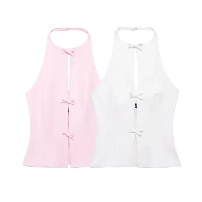 Lady Bow Two Piece Set Backless Halter Women Top And Mid Waist Skirt - New In Summer Fashion Casual Office Lady Set