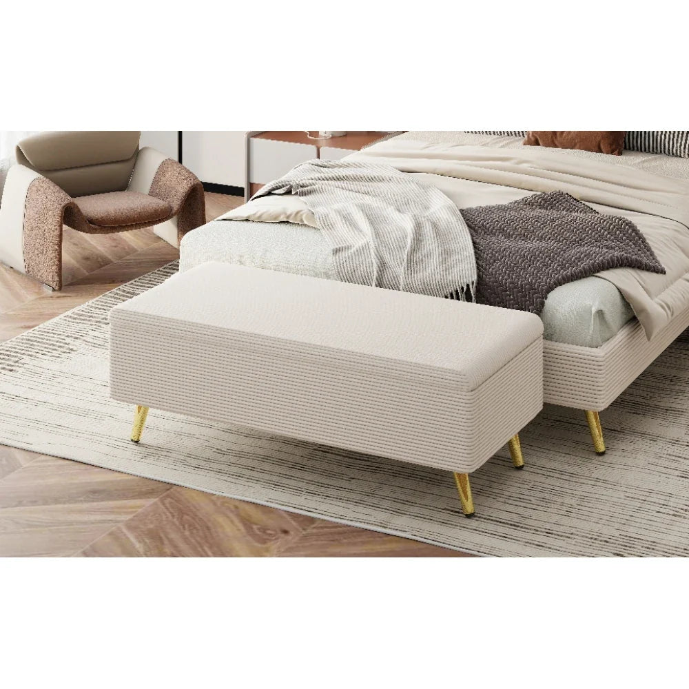 Pink 2 Pieces Bedroom Sets Queen Size Upholstered Bed Frame, Modern Corduroy Storage Ottoman