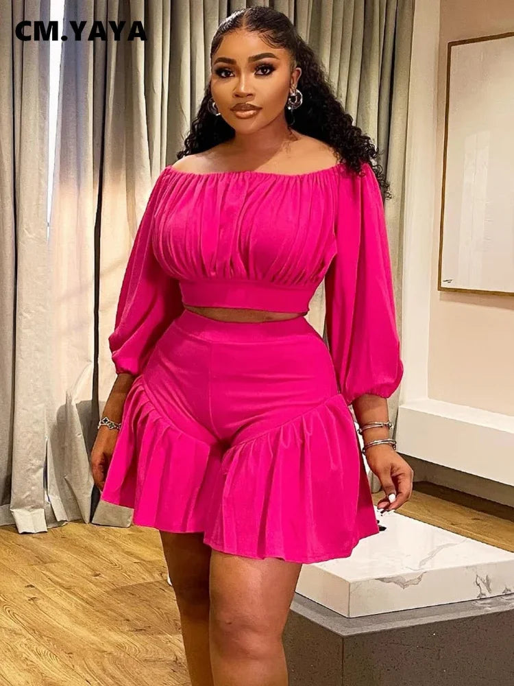 Plus Size Women's Set Long Sleeve Slash Neck T-Shirt and Shorts Summer Ruched Two 2 Piece Set Outfits Tracksuit