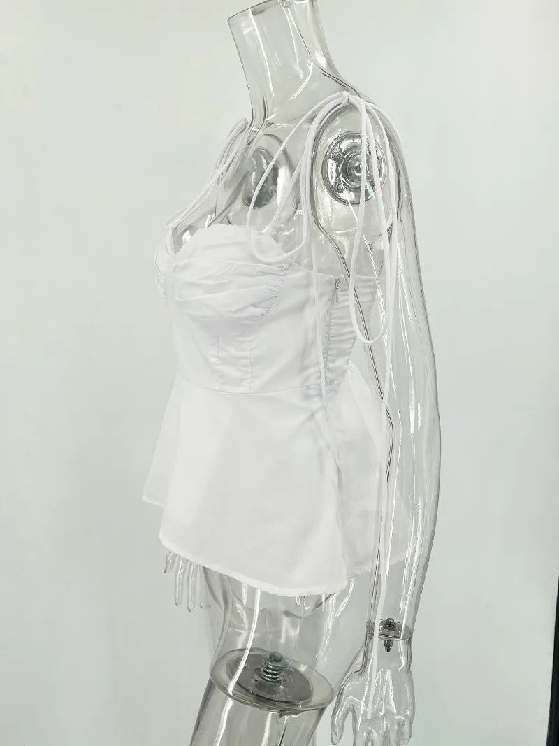 White Smocked Strappy Camisole Women's Sexy Sleeveless Ruffle Slim Bra Solid Color Streetwear Y2k Women's Tops Camisole