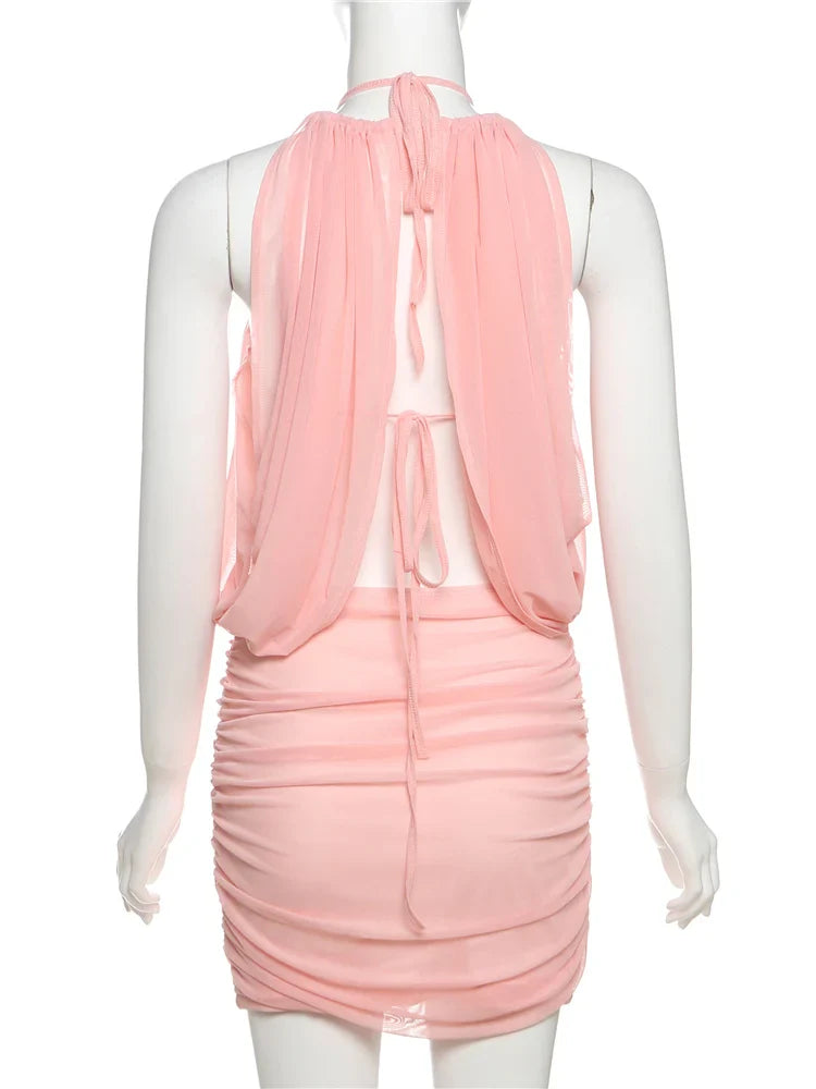 Ruched Sexy Mesh Dress Women Elegant Backless Draping Strapless Bodycon