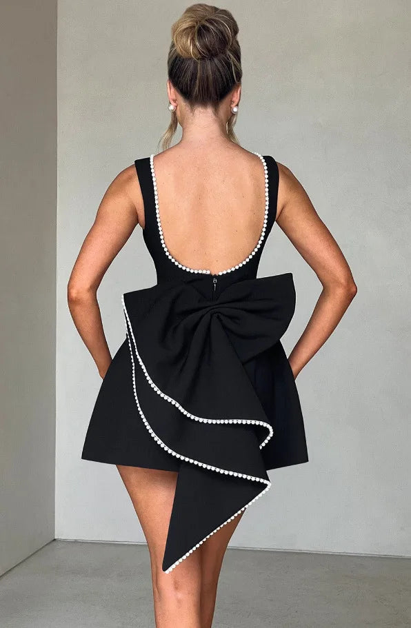 Elegant Pearl Bow Backless Sexy Mini Dress Women's Luxury Party Short Dresses