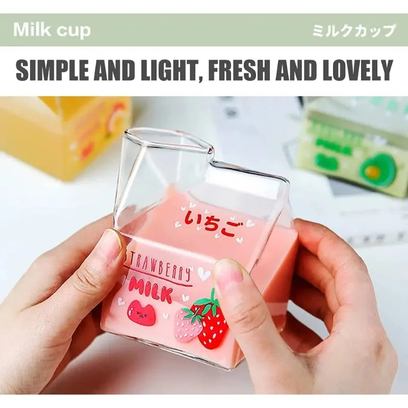 Square Glass Cup Heat Resistant Cute Cartoon Cup Kawaii Milk Juice Mug Bottle Box 380ml