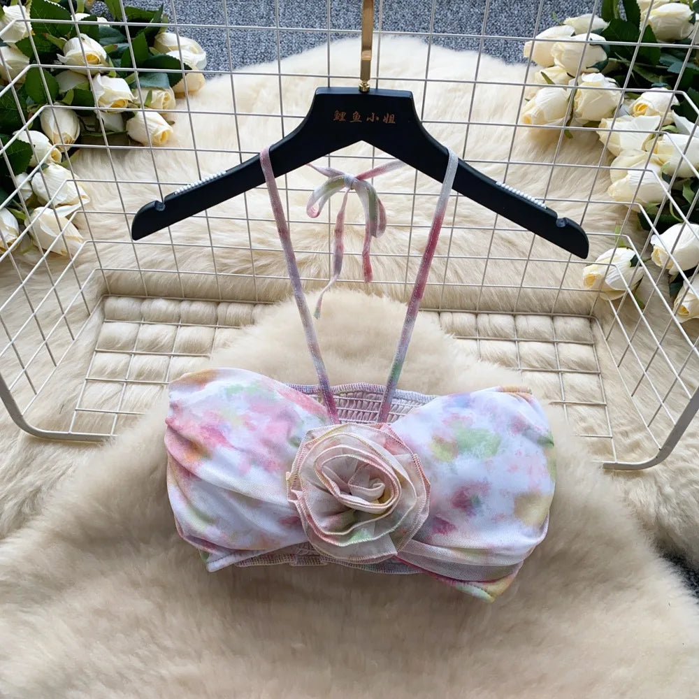 Flower Strapless Halter Tank Top and Split Ribbon Skirt Two Piece Set