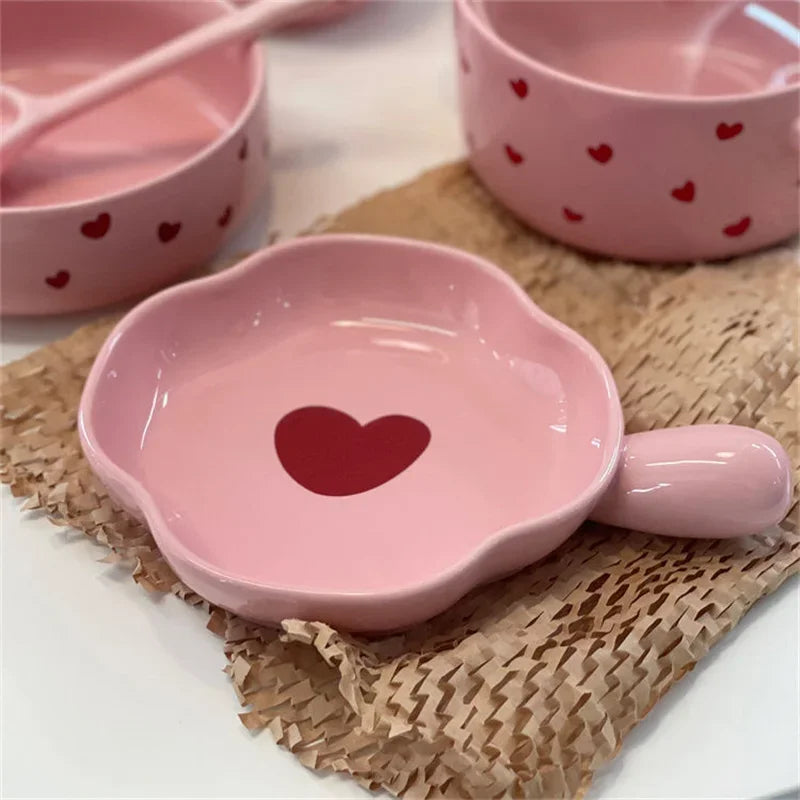 Pink Love Cutlery Set Rice Bowl Ceramic Double Ear Instant Noodle Soup Bowl Hand Paired Spoon Combination Noodle Bowl