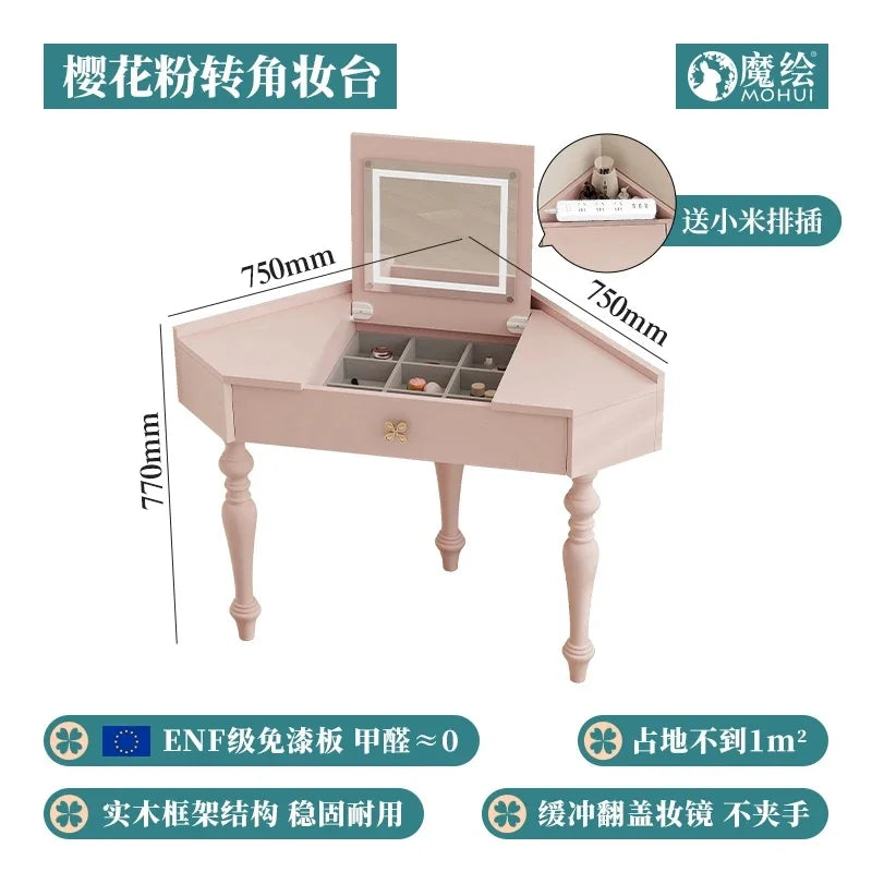 Small Pink Makeup Vanity Table with Mirror and Drawers for Bedroom Storage - Stylish Coiffeuse Furniture