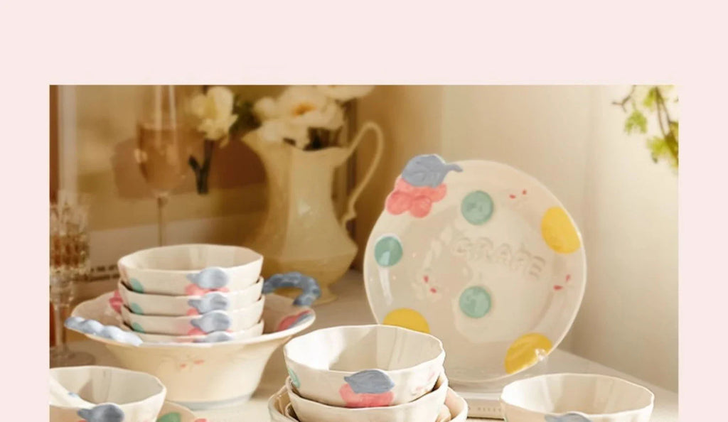 Cute Pattern Ceramic Plates Print Round Deep Tableware