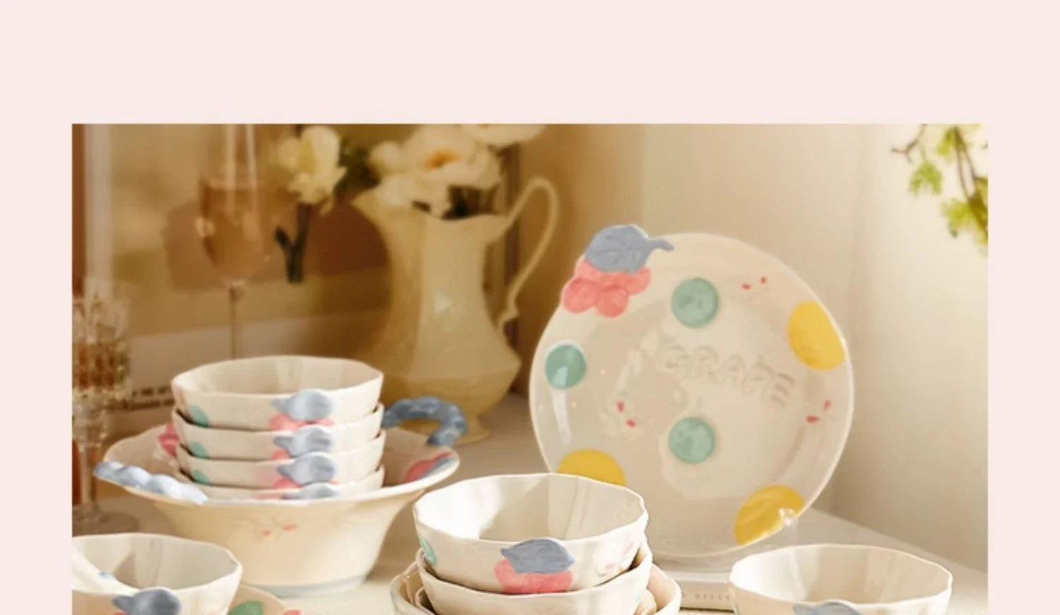 Cute Pattern Ceramic Plates Print Round Deep Tableware