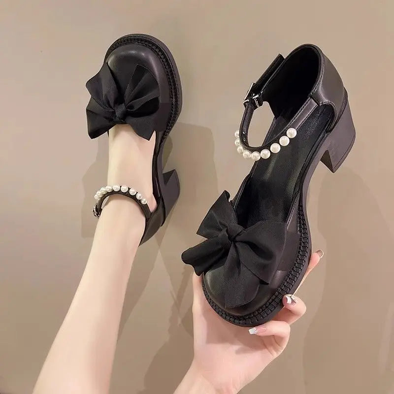 Ladies Luxury Bow Pearl With Medium Heels Mary Jane Shoes