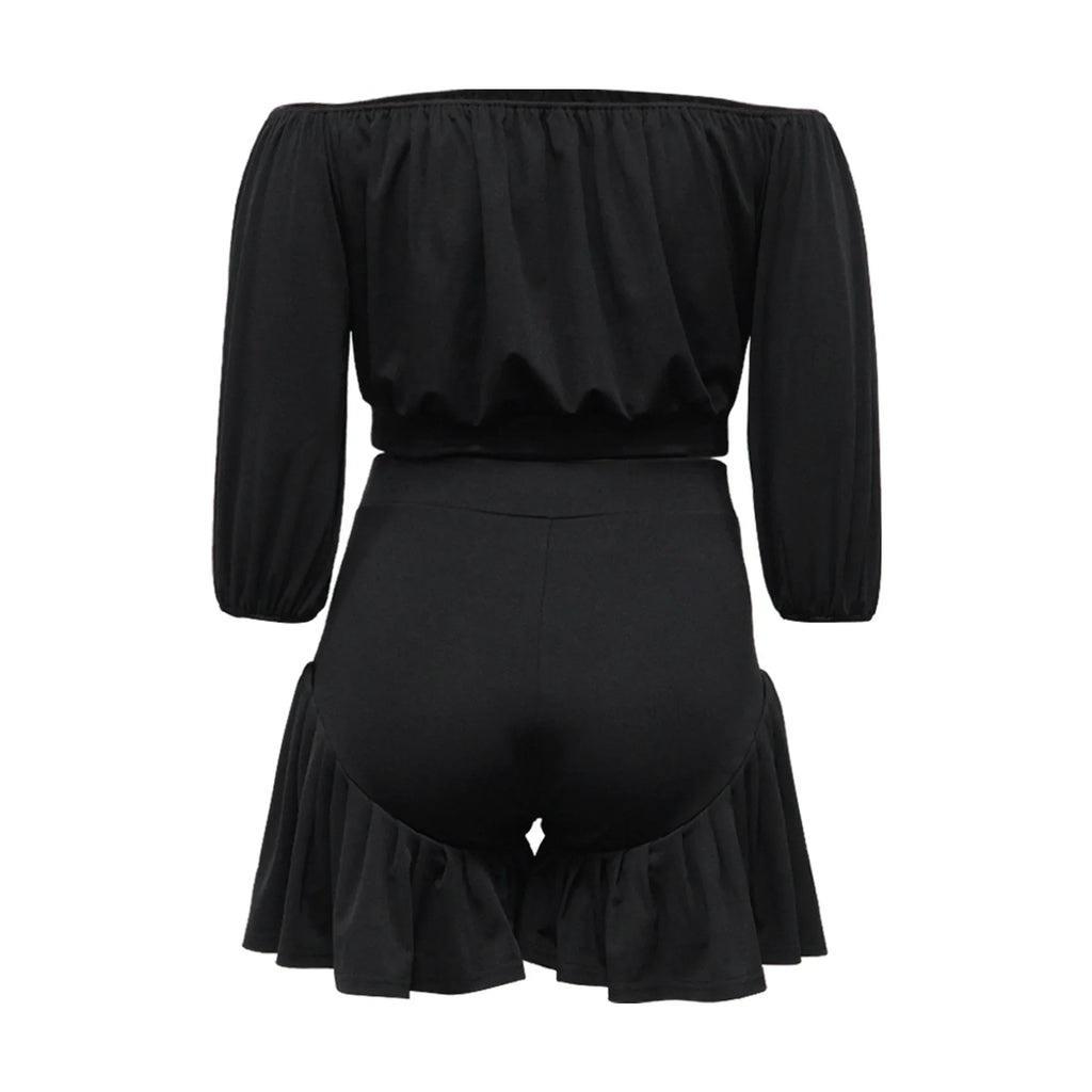 Plus Size Women's Set Long Sleeve Slash Neck T-Shirt and Shorts Summer Ruched Two 2 Piece Set Outfits Tracksuit