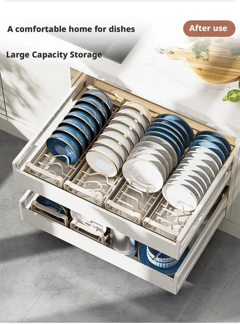 Pull Out Cabinet Dish Storage Rack Stainless Steel Plate Drain Stand Holder Kitchen Drawer Built-in Bowl Rack Basket Organizer