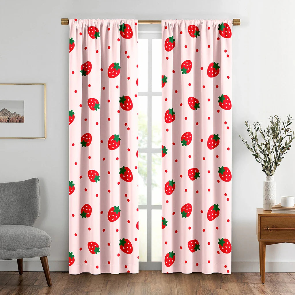 Strawberry Curtain Pink Cute Fruit Print Curtain Kawaii Room Decor Strawberries 1Set/2Pcs