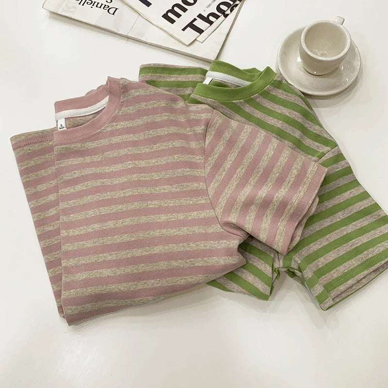 Summer Short Sleeve Striped T-Shirts Versatile Women Knitted Basic Casual Tops Female Cozy Loose Cotton Tees