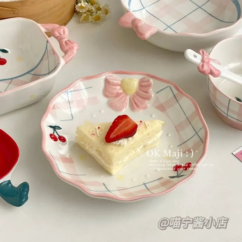 Cherry Plate High Beauty Dessert Cute Ceramic Tableware Flat Dish Set Decoration