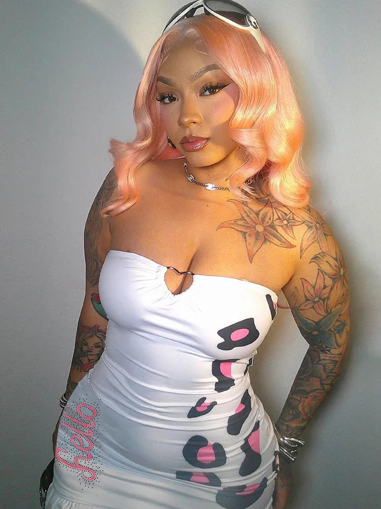 Metal Hearts Strapless Dress Women Fashion Print Sexy Cleavage Backless Skinny Peach Hip Mini Bodycon