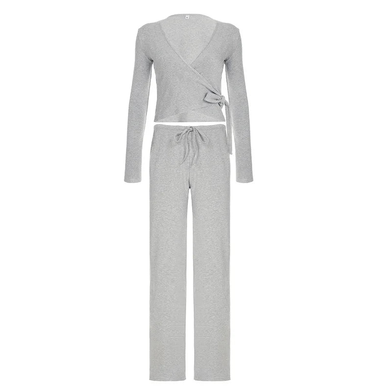 Fashion Drawstring High Waist Trousers Set Lace Up Flared Sleeve V Neck Twist Tops Plush Loose Pants Suit