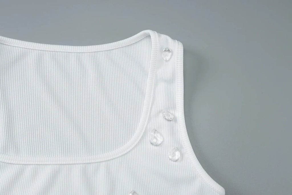 Ribbed Sleeveless Water Droplets Diamond Decorated Tank Sexy Casual Bodycon Top Party Club Streetwear Spring Summer