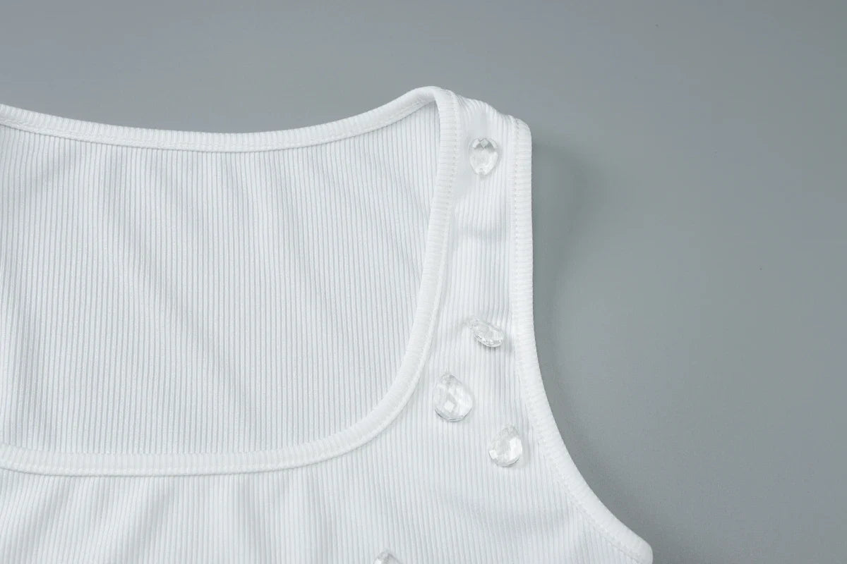 Ribbed Sleeveless Water Droplets Diamond Decorated Tank Sexy Casual Bodycon Top Party Club Streetwear Spring Summer