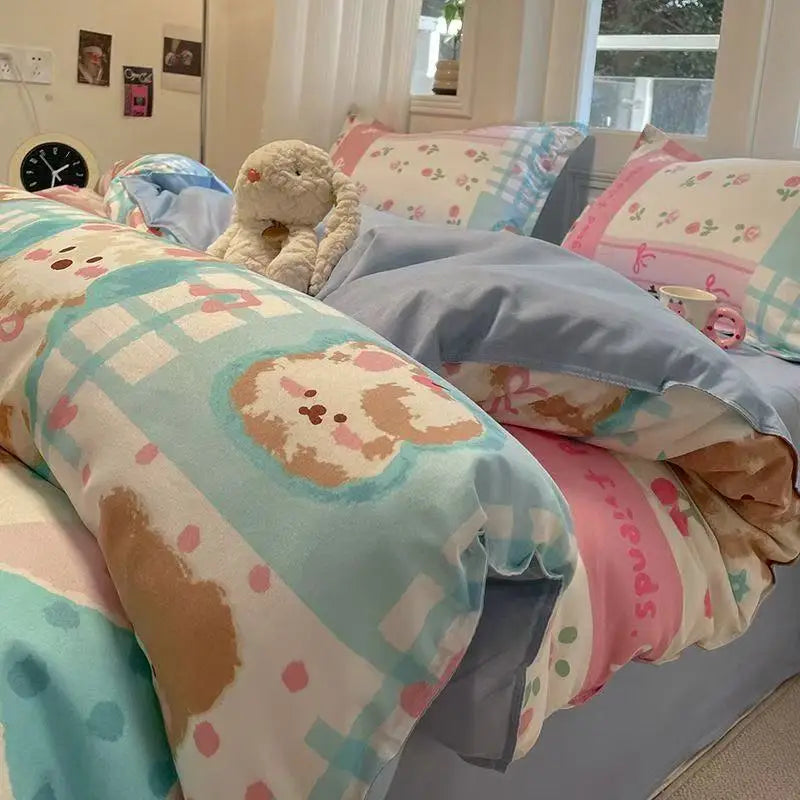 Cute Girls Bedding Sets Soft Flat Sheet Duvet Cover Pillowcase Polyester Bed Linen Twin Queen Full Size Quilt Cover Set