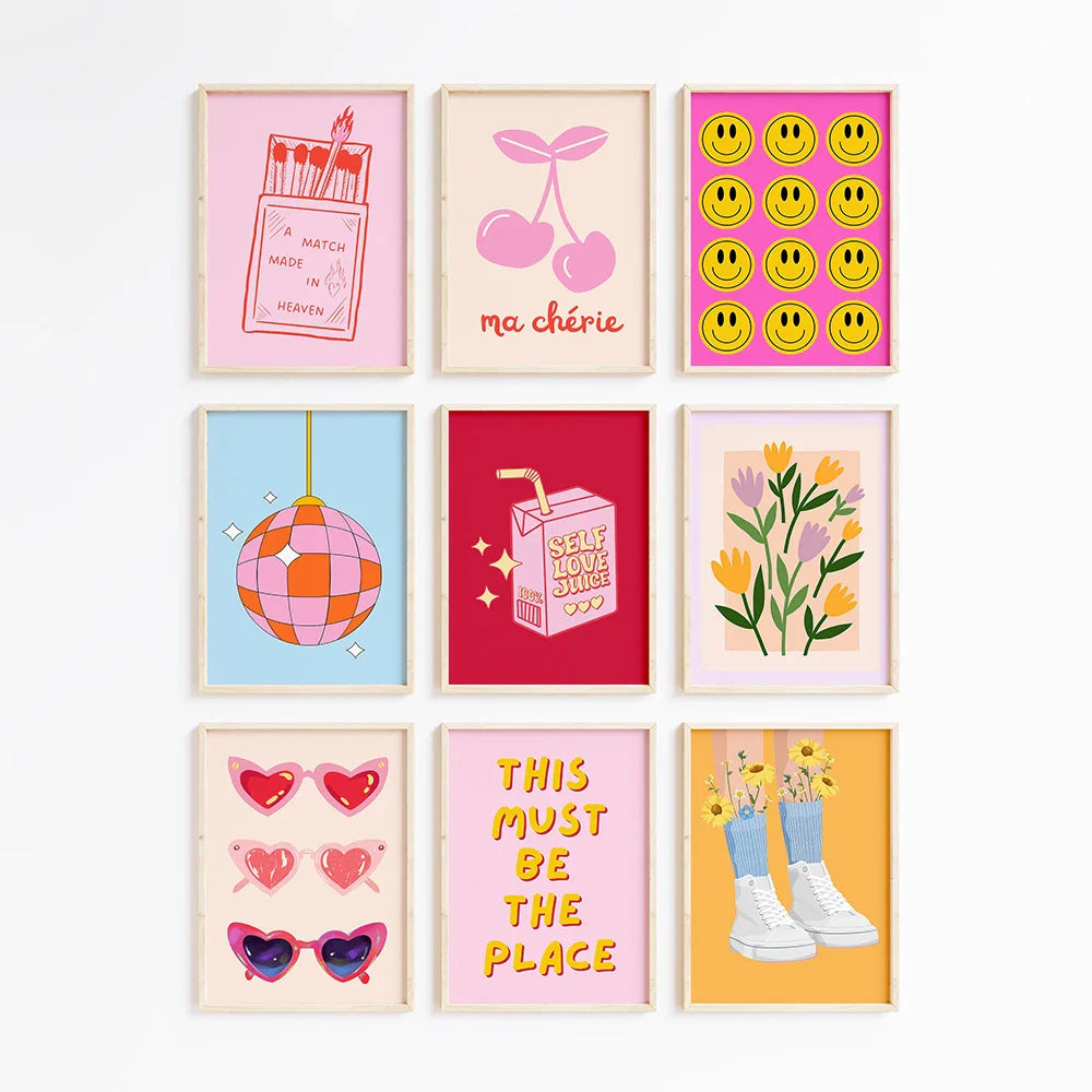 Pink Preppy Poster Print Dopamine Wall Art Pictures Danish Dorm Room Decor Colorful Canvas Painting Trendy Art Murals Decoration