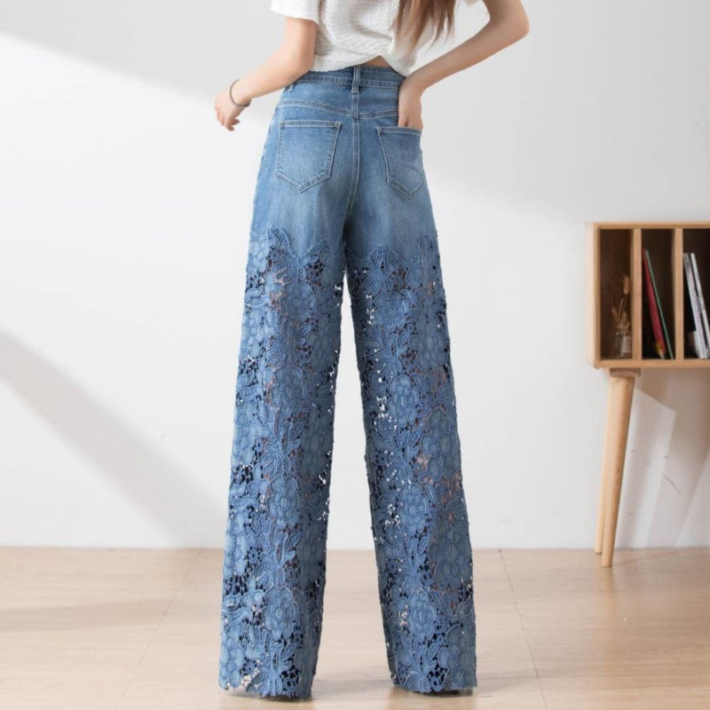 Women High Waist Lace Patchwork Pantalones Hollow Out Oversized Spring Casual Loose All Match Pants