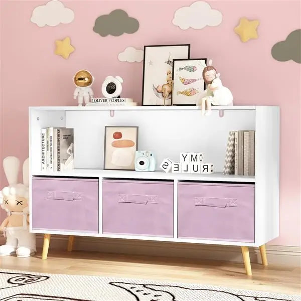 White/Pink Kids Bookcase with Collapsible Fabric Drawers, Children's Book Display, Toy Storage Cabinet Organizer